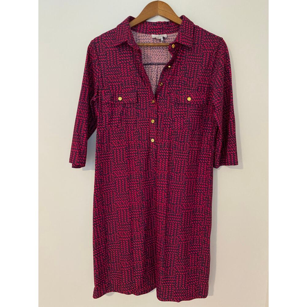 Jude Connally Sloane Dress Lightweight Half Sleeve Collared Red Blue Patterned M